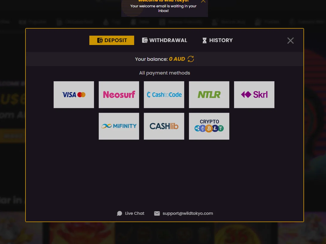 Deposit cashier tab showing payment options including cards, e-wallets, and Crypto